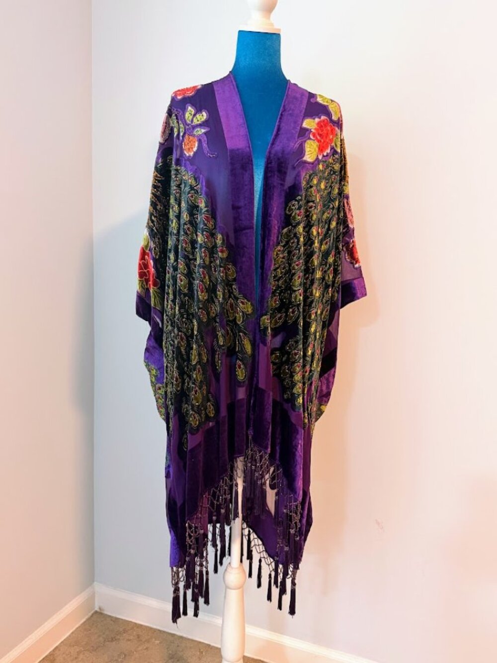 Purple Peacock Embroidered Kimono Duster Fringe Boho - Picture 3 of 11